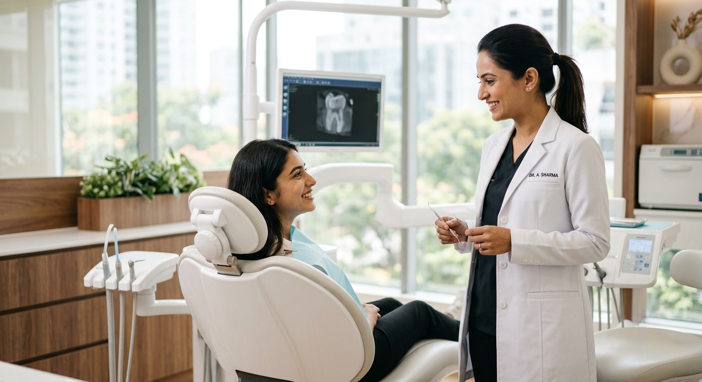 Premium dentist consulting smiling patient at modern dental clinic in Patna